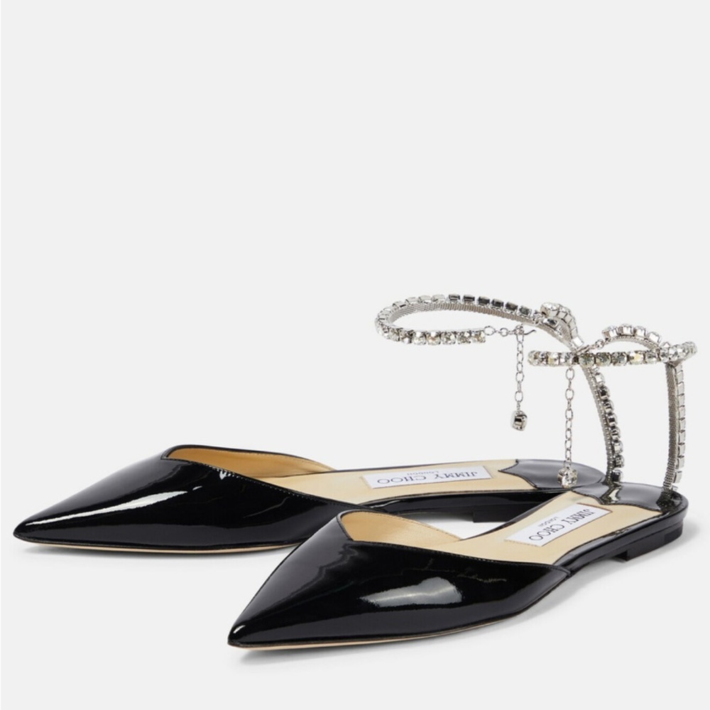 Jimmy Choo Saeda Patent Leather Crystal Flats - Picture 2 of 8